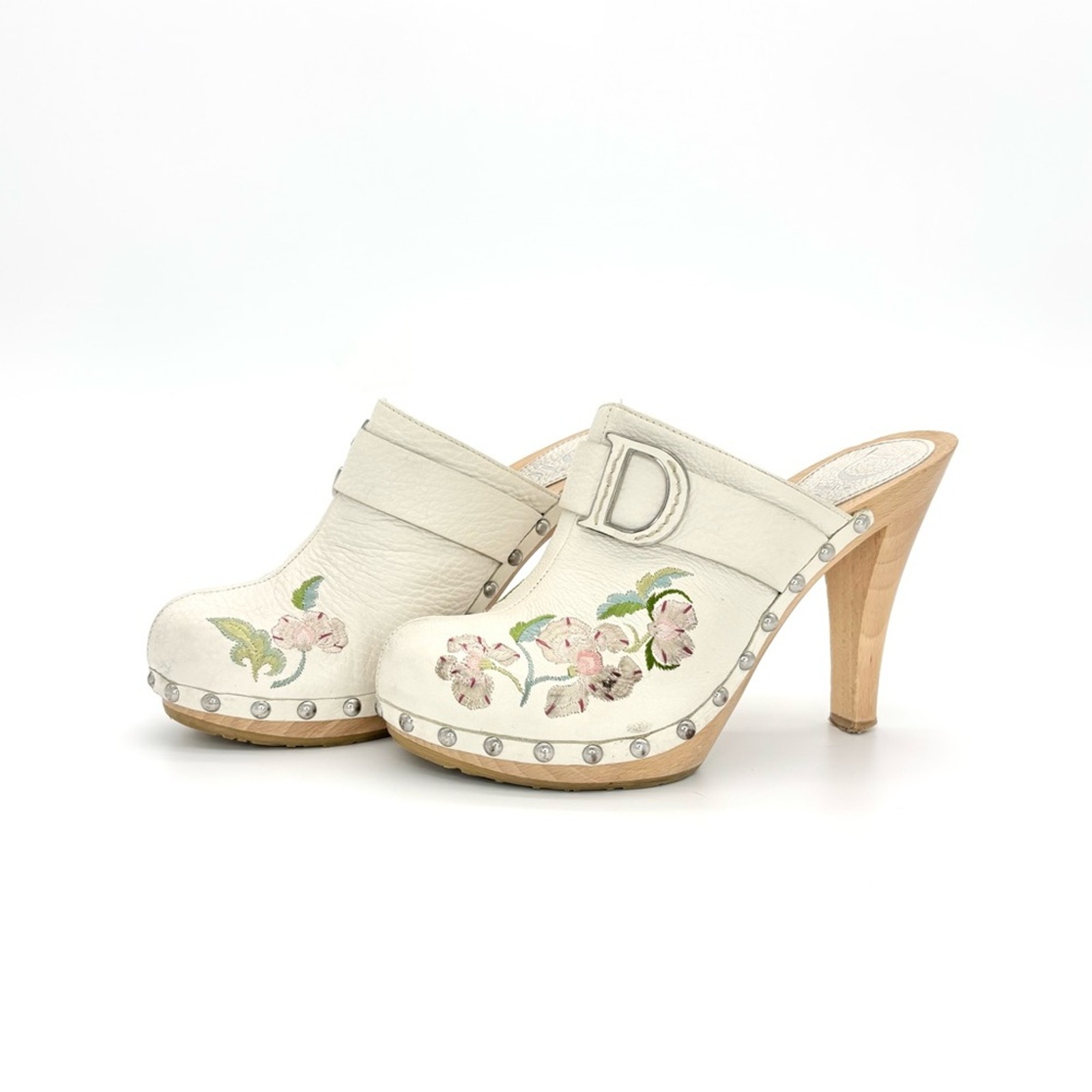Vintage Dior Floral Embroidered White Leather Wooden Clogs 36.5